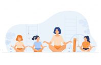 Teacher and kids sitting in yoga pose isolated flat vector illustration. Cartoon instructor and children doing exercise in gym. Healthy lifestyle, sport and interior concept