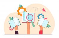 Mains dessinées tenant des livres ouverts Flat vector illustration. Magnifier, colorful gears, pages of books, top view. Library, learning, education, studying concept for banner design or landing page