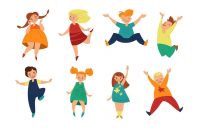 Happy cute children cartoon illustration set. Group of little kids, cheerful characters, school boys and girls standing in different positions on white background. Childhood, friendship, peace concept